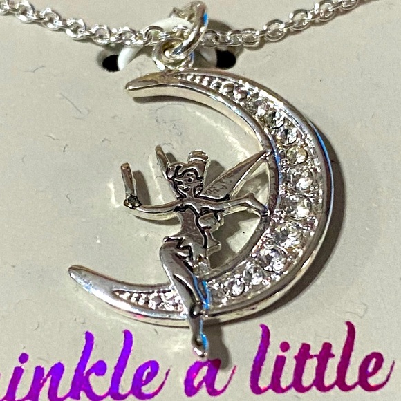 DISNEY NWT 2017 TINKER BELL FAIRY ON MOON SILVER PLATED NECKLACE ORIGINAL BOX - Picture 2 of 10